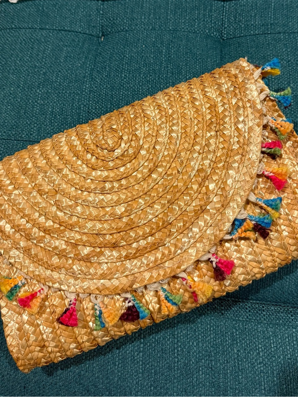Natural Woven Straw Tassel Clutch. Large enough to hold essentials. Sz 8” x 12”
